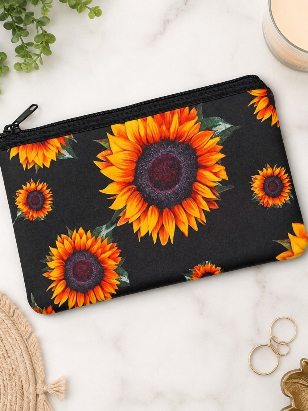 #3010 NWOT Sunflower Print Zipper Cosmetic Makeup Bag Travel Pouch Black 10x7